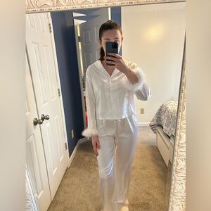 Francesca’s white satin feather two-piece pajama set